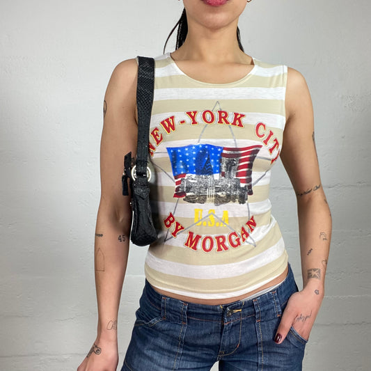 Vintage 2000’s Morgan Downtown Girl Striped White and Beige Tank Top with New-York City Blue and Red Print (L)