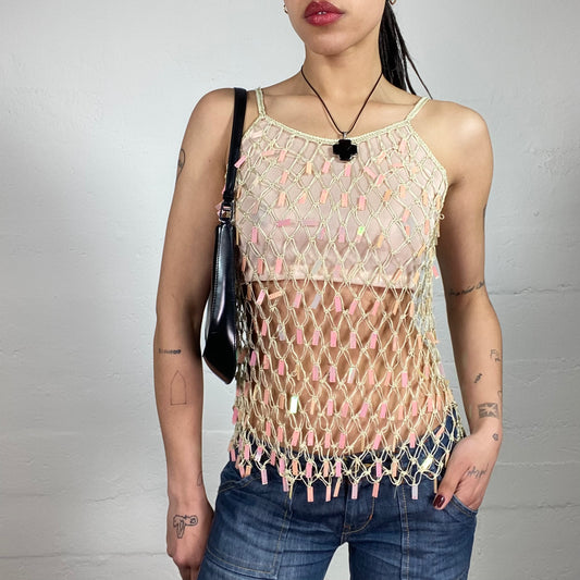 Vintage 2000’s Clubwear Milky Colour Crochet Cami Top with Pink Sequins Details (S/M)