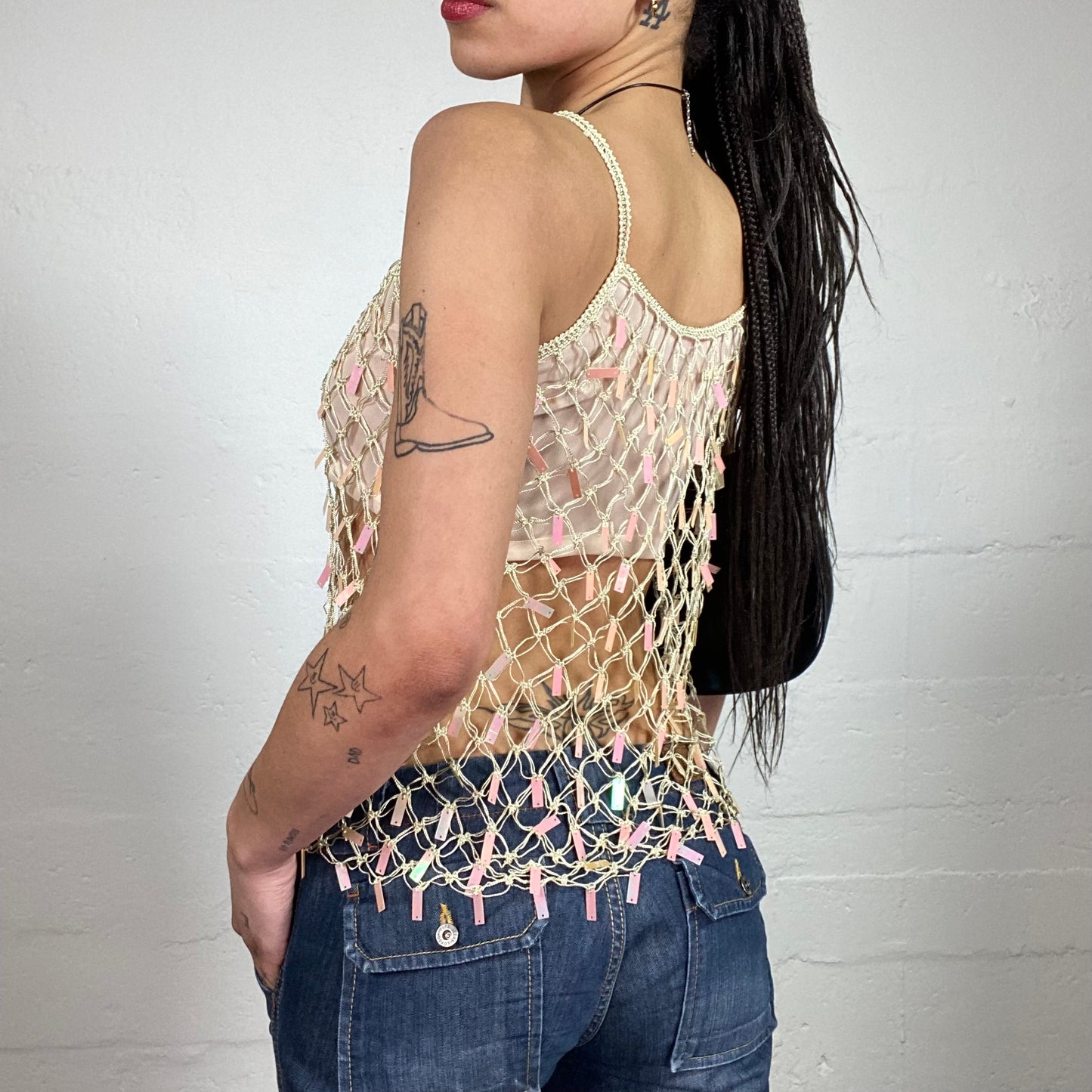 Vintage 2000’s Clubwear Milky Colour Crochet Cami Top with Pink Sequins Details (S/M)