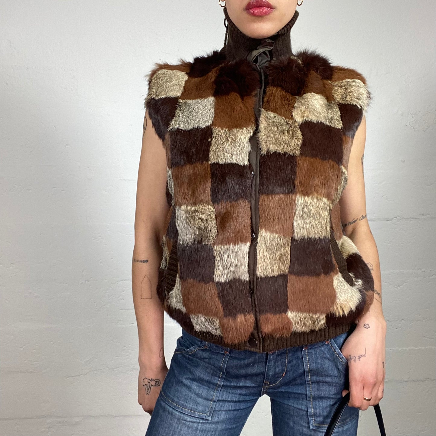 Vintage 90’s Downtown Girl Brown Rabbit Fur Vest with Nylon Back (S)