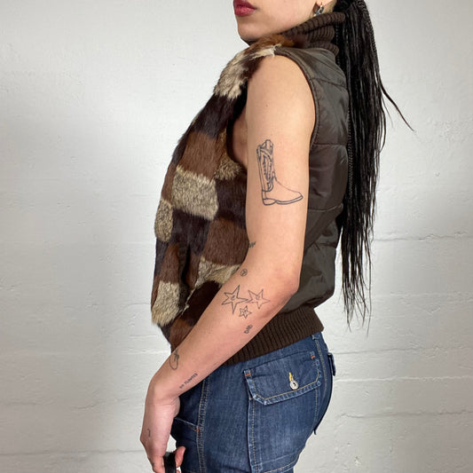 Vintage 90’s Downtown Girl Brown Rabbit Fur Vest with Nylon Back (S)