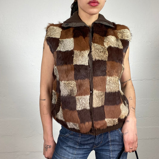 Vintage 90’s Downtown Girl Brown Rabbit Fur Vest with Nylon Back (S)