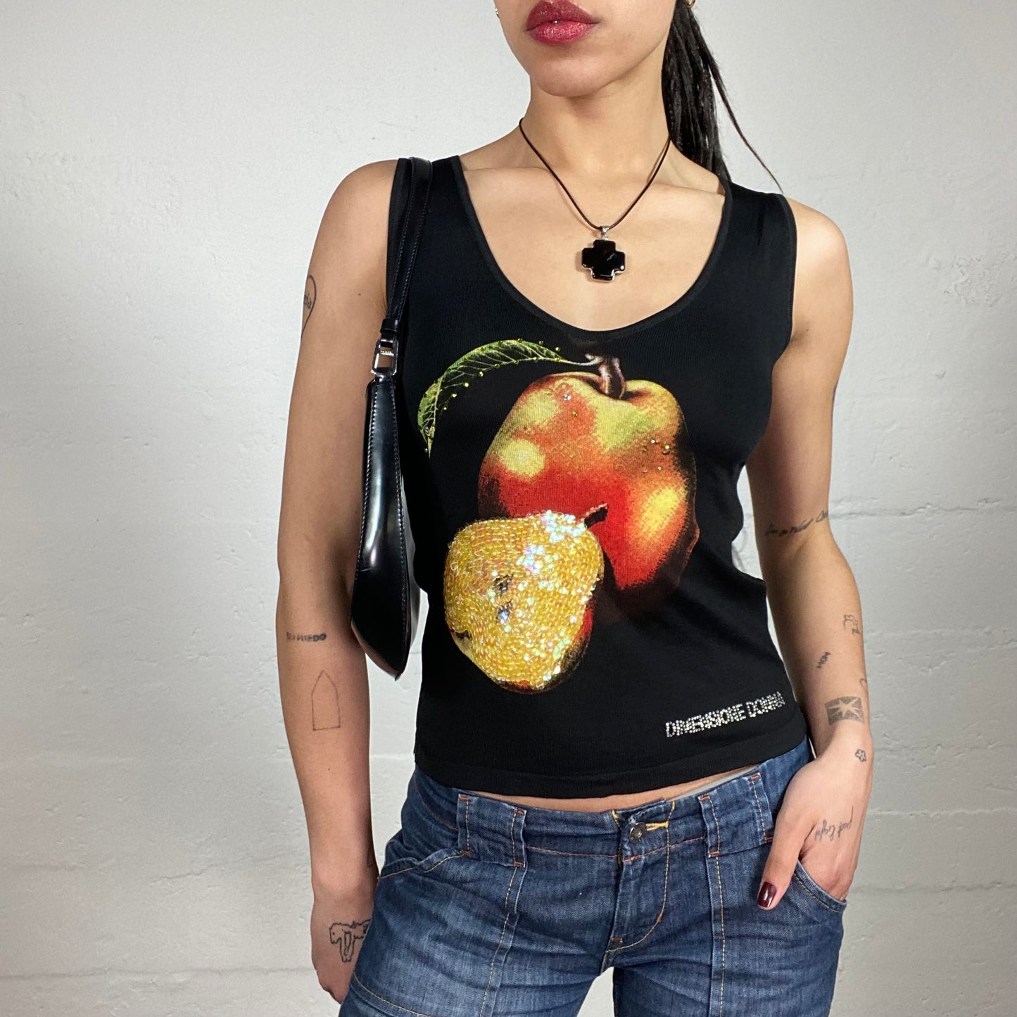 Vintage 2000’s Downtown Girl Black Pear Printed Tank Top with Sequins Decoration and Rhinestone Logo Embroidery (S)