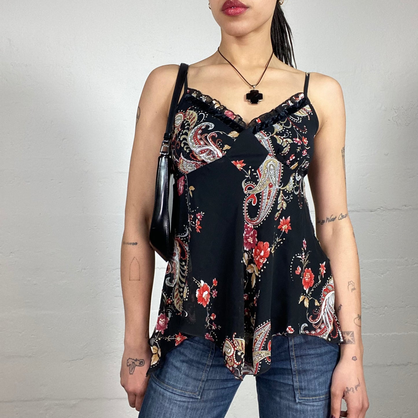 Vintage 90’s Dark Boho Black Paisley Printed Asymmetric Bottom Cut Cami Top with Ruffled Bra Trim (S)