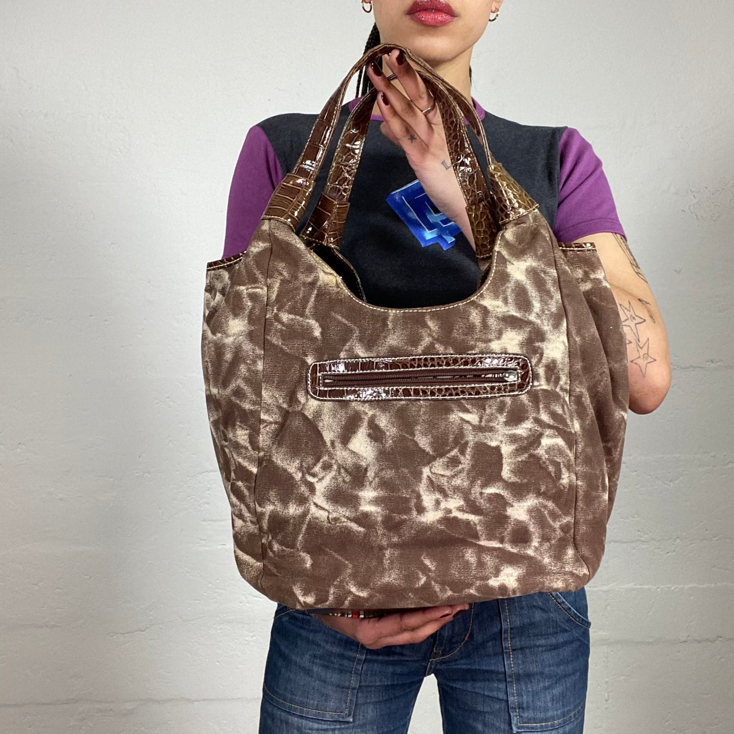 Vintage 2000’s Ed Hardy Brown Tie-Dye Medium Sized Cartoon Printed Shoulder Bag with Eyelet Binding Details Decorated with Rhinestones
