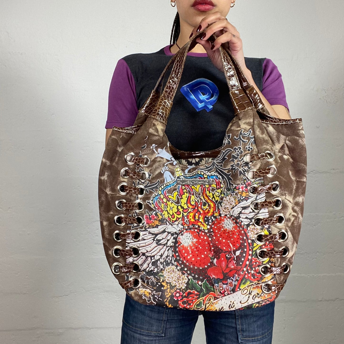 Vintage 2000’s Ed Hardy Brown Tie-Dye Medium Sized Cartoon Printed Shoulder Bag with Eyelet Binding Details Decorated with Rhinestones