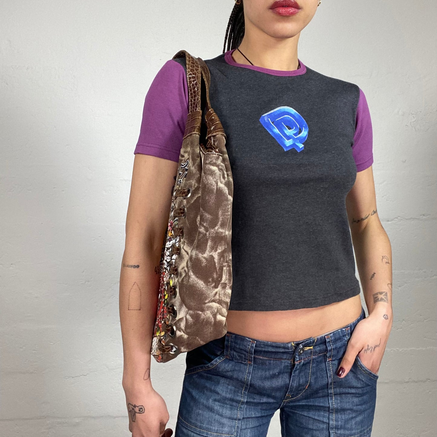 Vintage 2000’s Ed Hardy Brown Tie-Dye Medium Sized Cartoon Printed Shoulder Bag with Eyelet Binding Details Decorated with Rhinestones