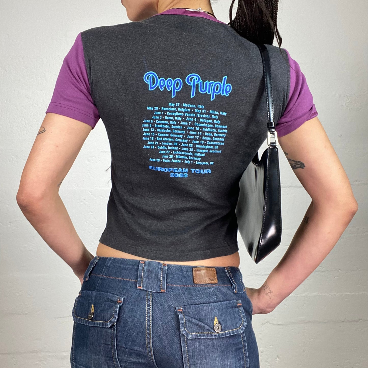 Vintage 2000’s Archive Deep Purple Merch Grey and Purple Baby Tee with Blue Logo and Typography Print (M)