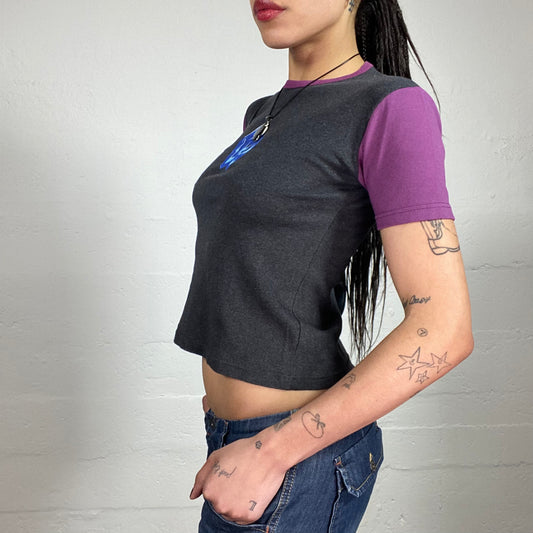 Vintage 2000’s Archive Deep Purple Merch Grey and Purple Baby Tee with Blue Logo and Typography Print (M)