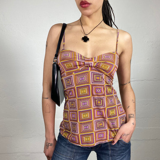 Vintage 2000’s Casual Date Silky Yellow and Pink Geometric Print Ribbon Effect Bra Cami Top (S/M)