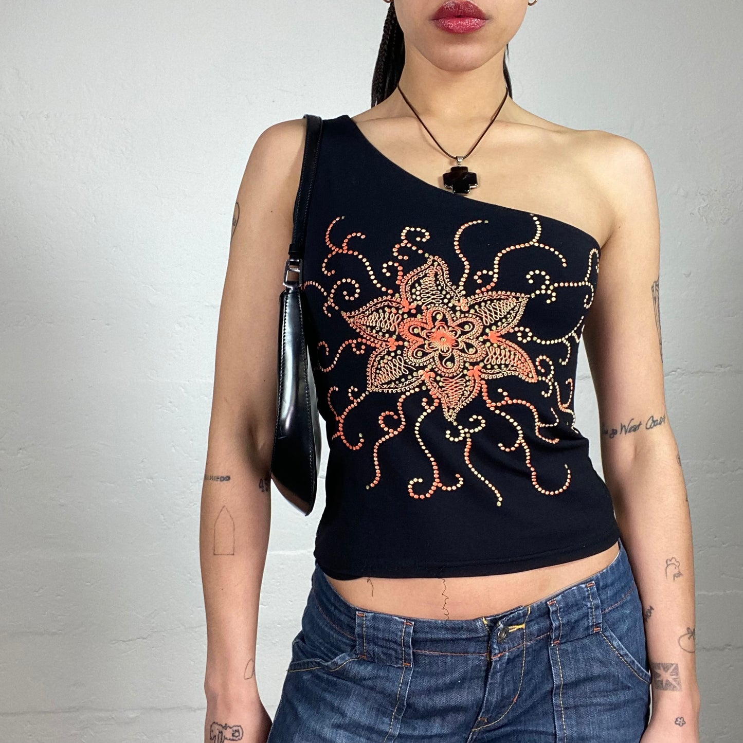 Vintage 2000’s Casual Boho Rhinestone Effect Orange Flower Embroidered One Shoulder Asymmetric Top (S)