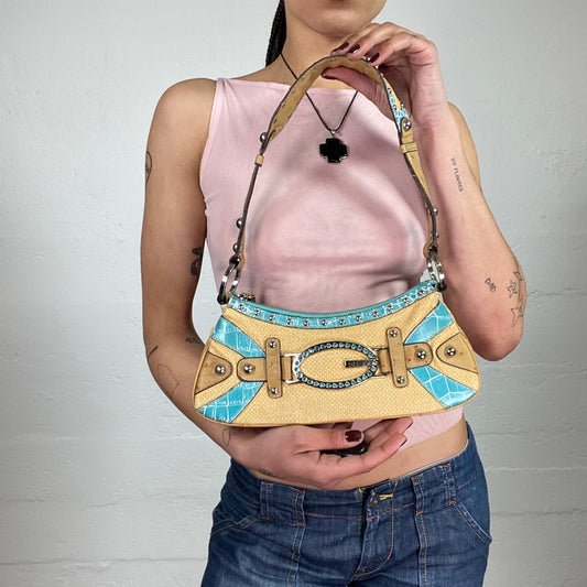 Vintage 2000’s Archive Guess Glamorous Yellow Textured Shoulder Bag with Aquamarine Blue Snake Skin Effect Details