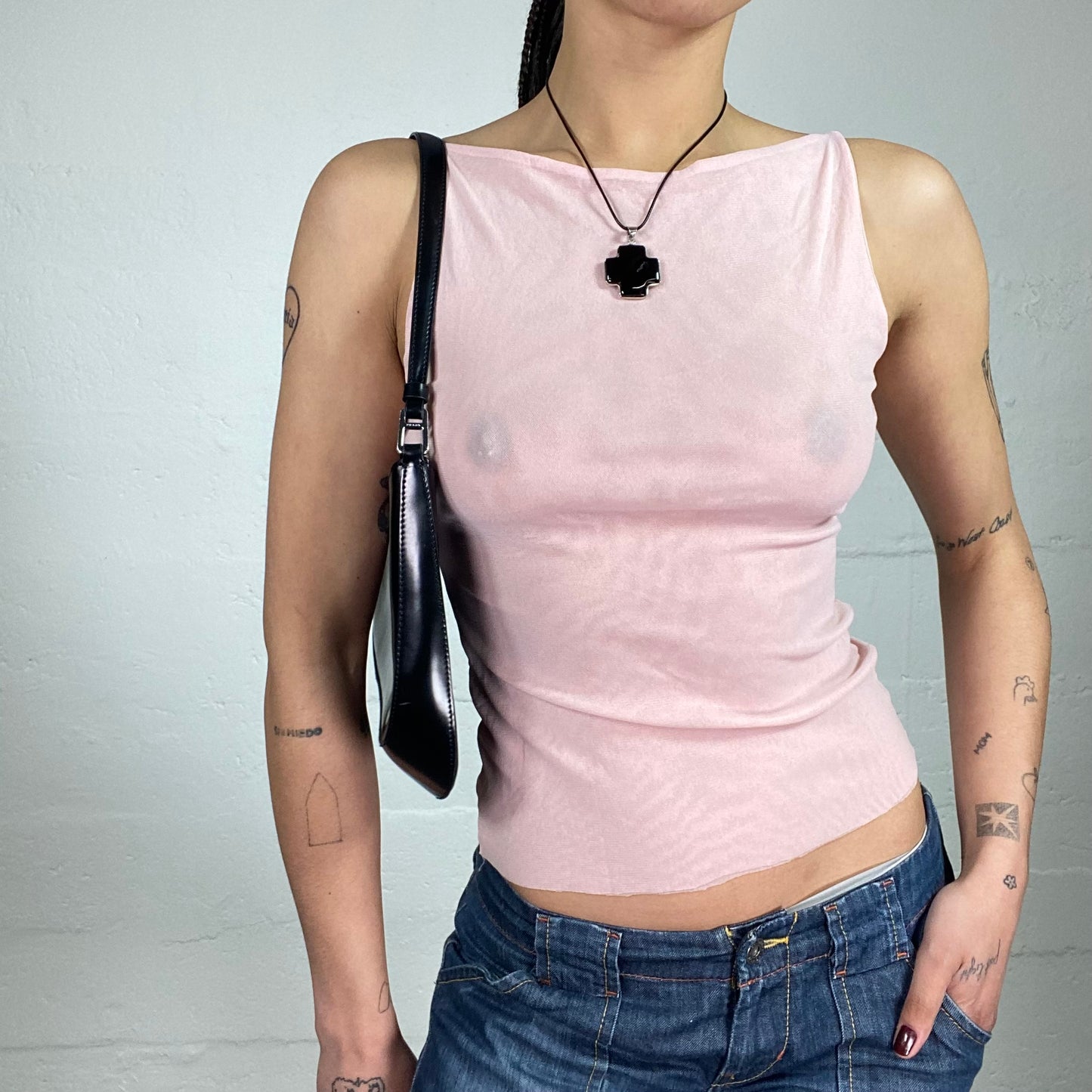 Vintage 2000’s Soft Girl Baby Pink Shiffon Mesh See-Through Tank Top (M)