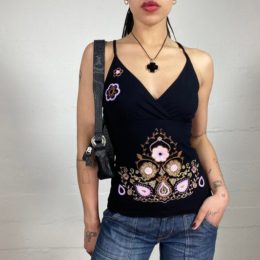 Vintage 90’s Romantic Boho Black Cami Top with Flowers Embroidery and Crossing Back Stripes (M)