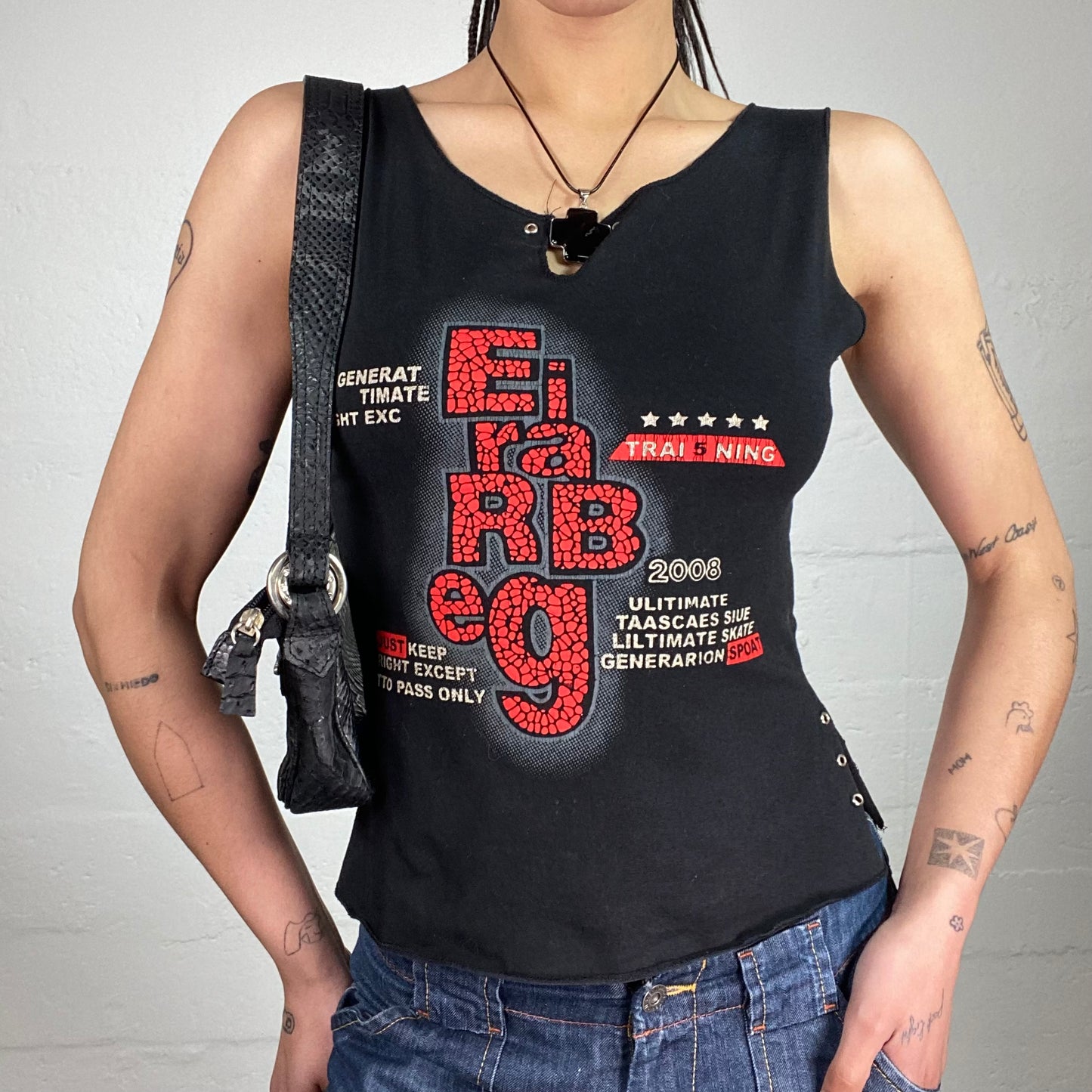 Vintage 2000’s Biker Girl Black Side Button Up Red and White Contrast Typography Print Tank Top (M/L)