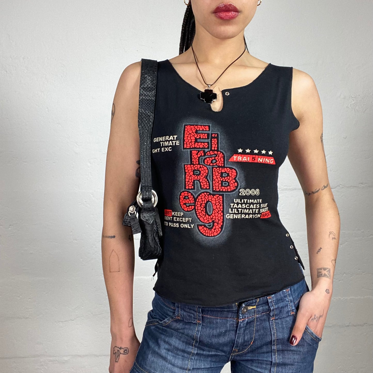 Vintage 2000’s Biker Girl Black Side Button Up Red and White Contrast Typography Print Tank Top (M/L)