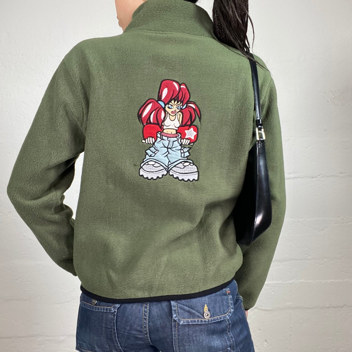Vintage 90’s Skater Girl Feezy Khaki Green Zip Up Pullover Style Jacket with Back Cartoon Embroidery Detail (L)