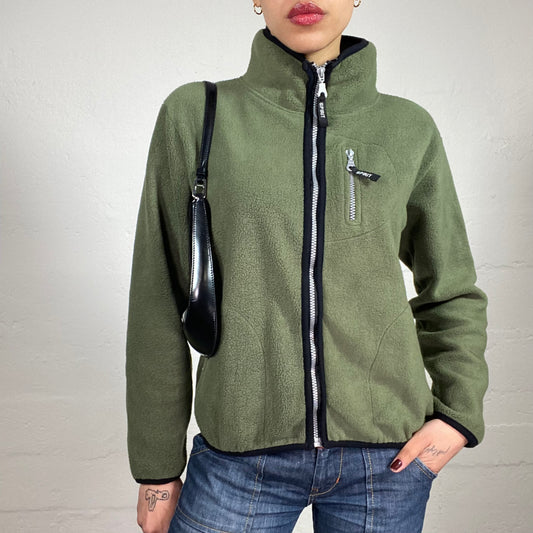 Vintage 90’s Skater Girl Feezy Khaki Green Zip Up Pullover Style Jacket with Back Cartoon Embroidery Detail (L)