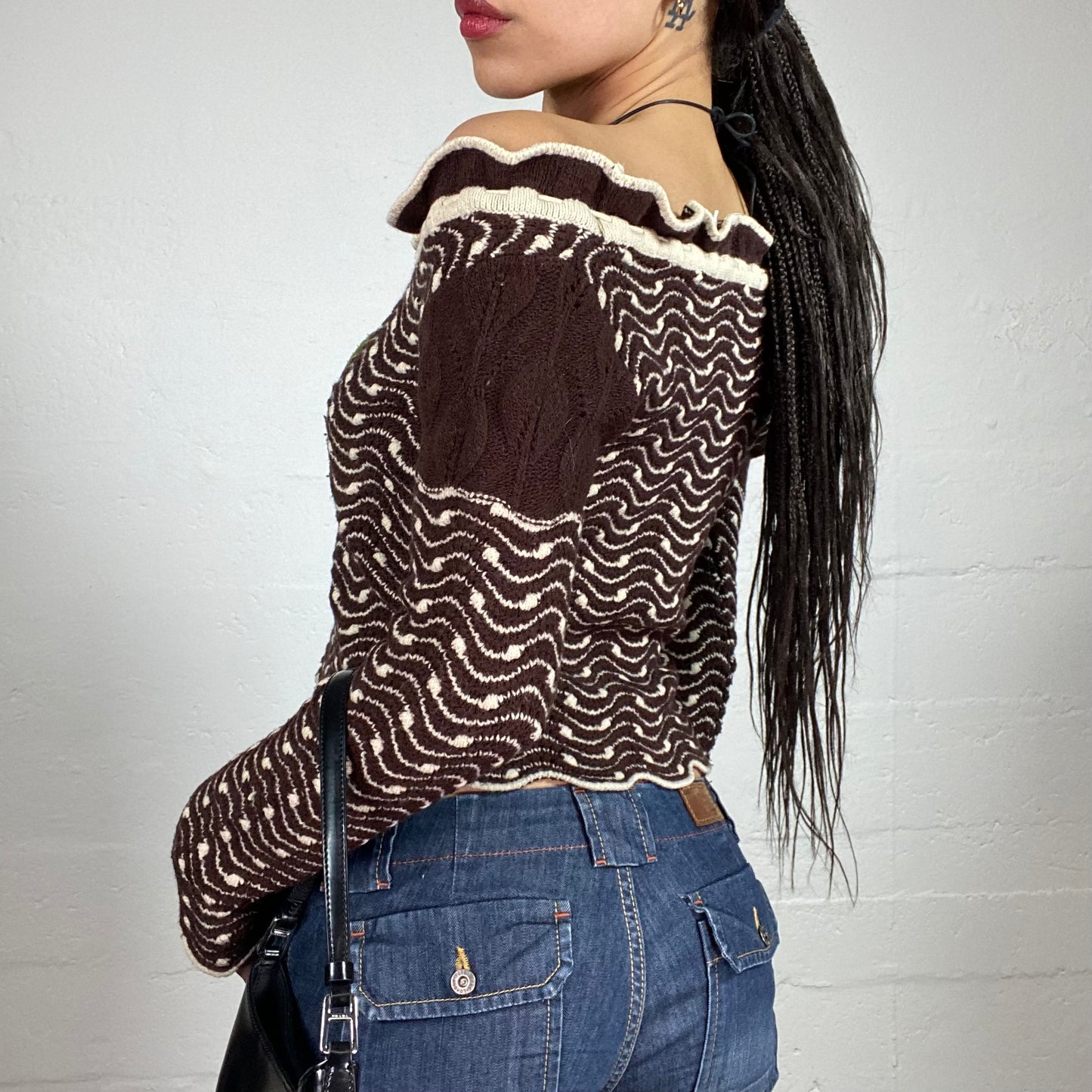 Vintage 2000’s Cute Spring Knitted Off Shoulder Brown and White Cropped Longsleeved Top with Contrast Crochet Flower Detail (M)