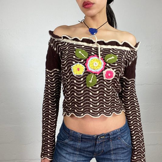 Vintage 2000’s Cute Spring Knitted Off Shoulder Brown and White Cropped Longsleeved Top with Contrast Crochet Flower Detail (M)