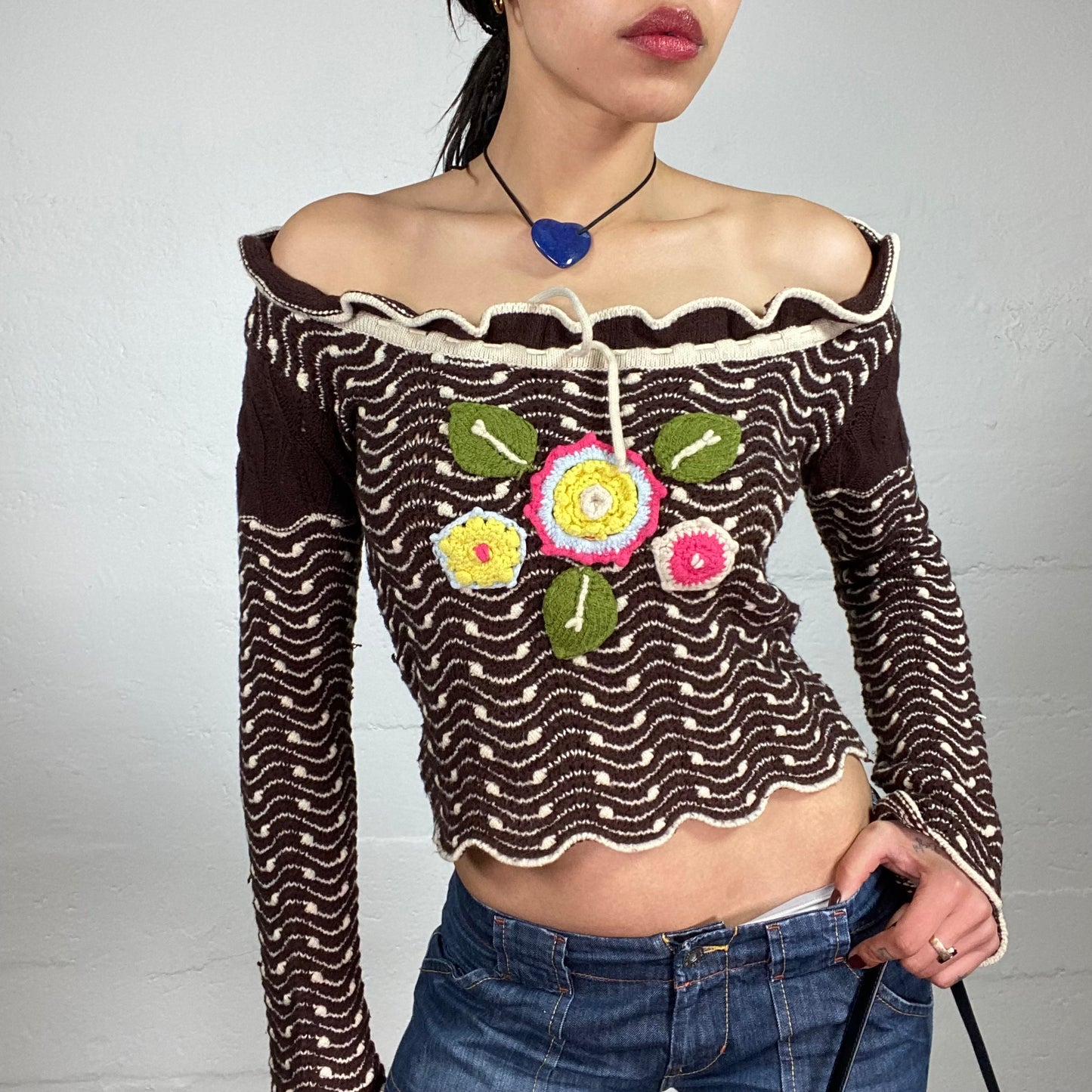 Vintage 2000’s Cute Spring Knitted Off Shoulder Brown and White Cropped Longsleeved Top with Contrast Crochet Flower Detail (M)