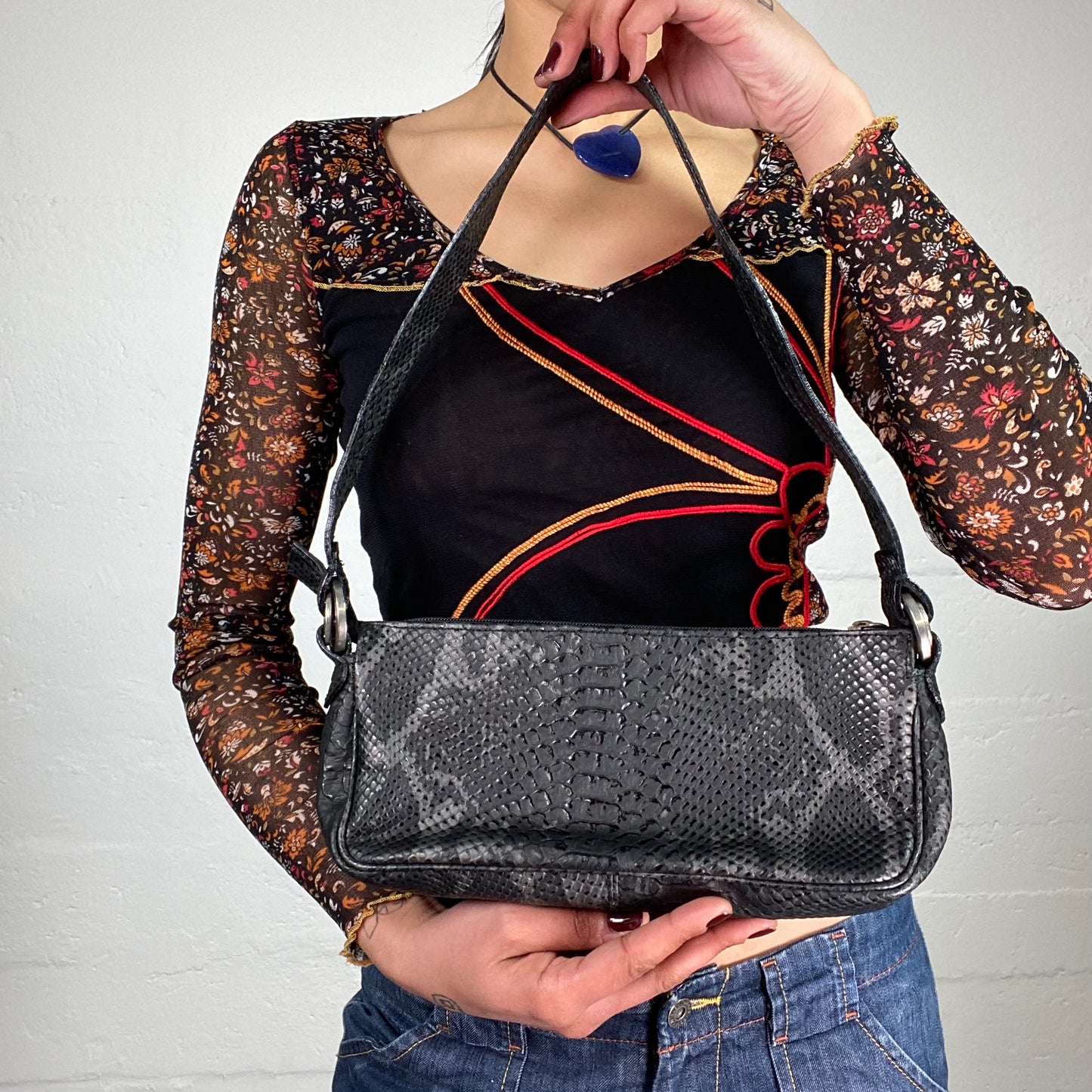 Vintage 2000’s Snake Skin Effect Black Glossy Black Bag with Front Pockets and Silver Detail