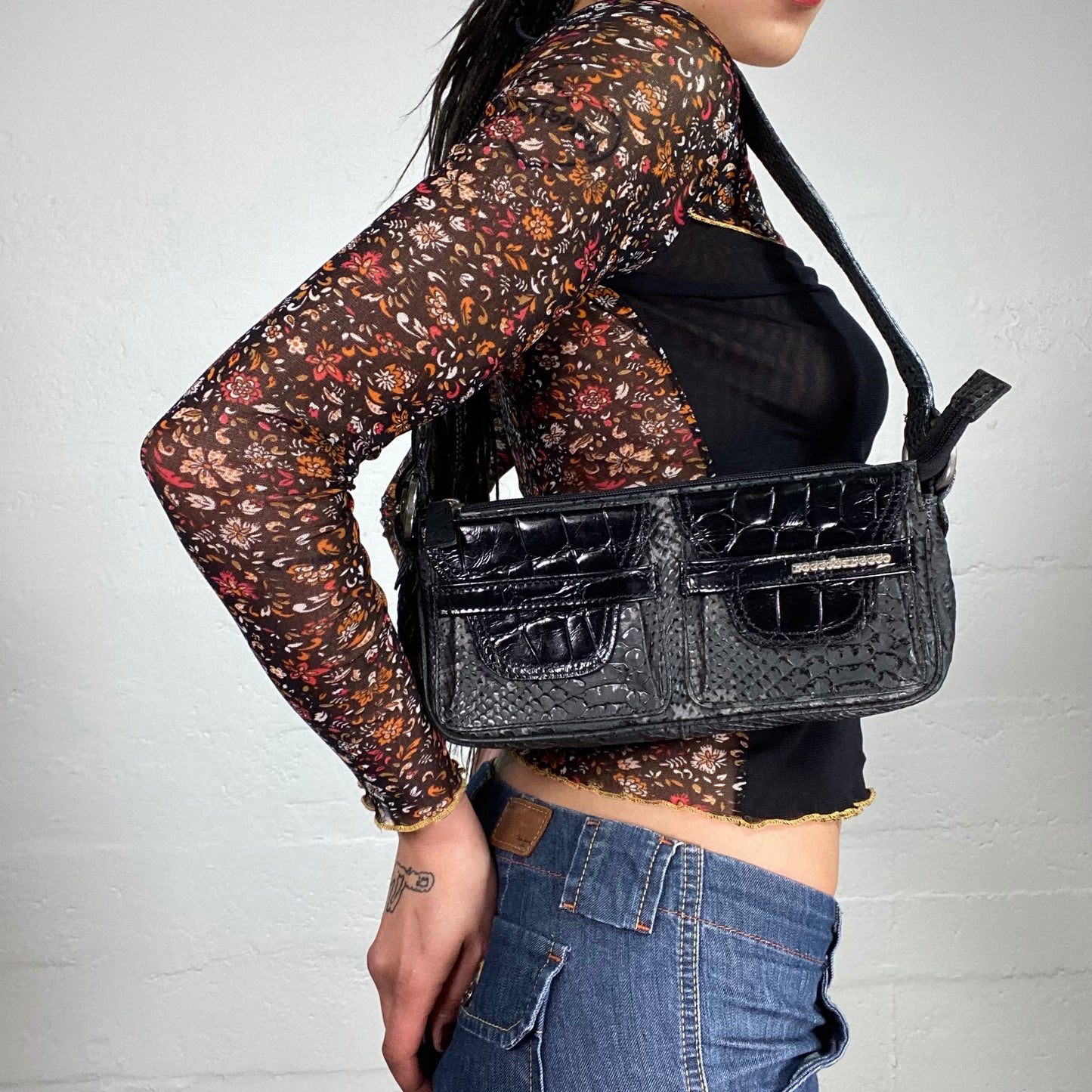 Vintage 2000’s Snake Skin Effect Black Glossy Black Bag with Front Pockets and Silver Detail