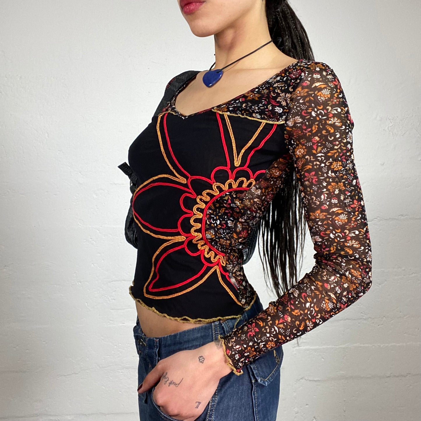 Vintage 2000’s Summer Walk Black Mixed with Warm Colours with Flower Detail Embroidery (M)