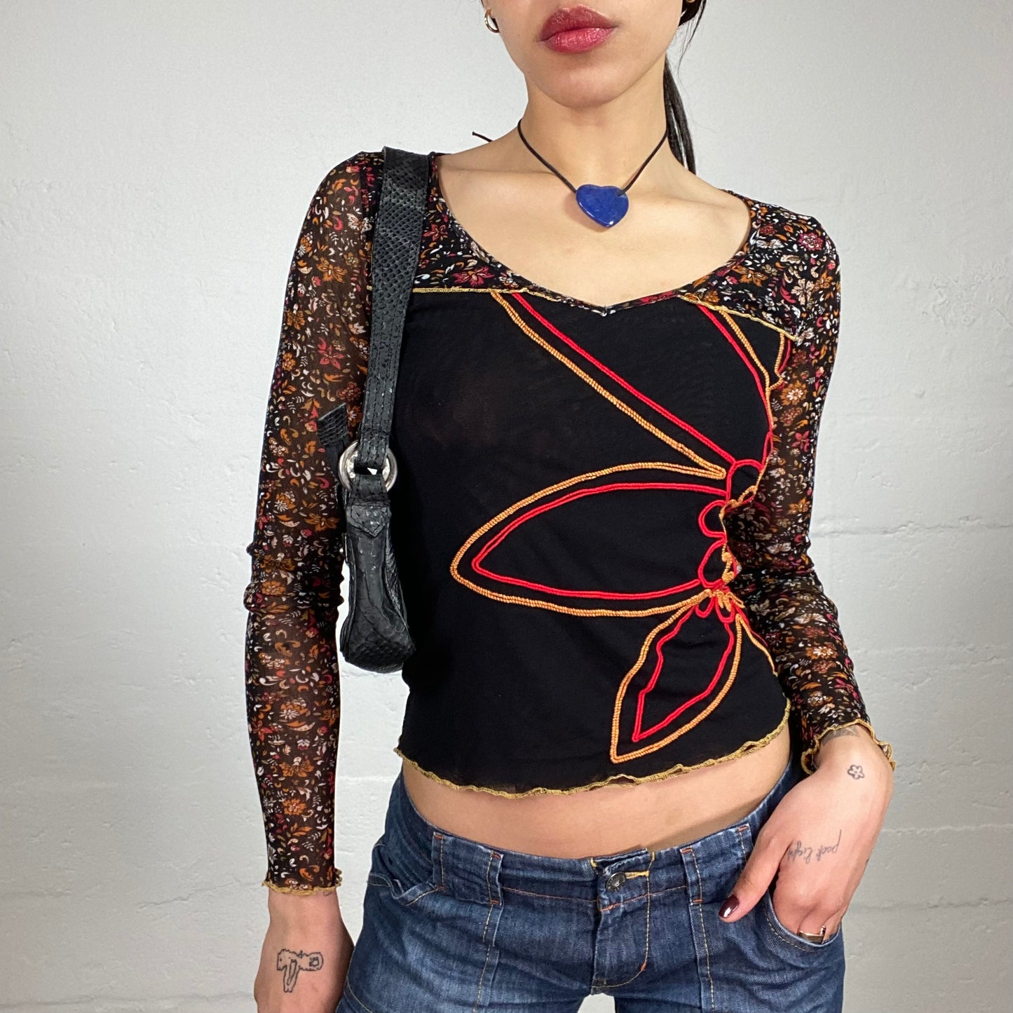 Vintage 2000’s Summer Walk Black Mixed with Warm Colours with Flower Detail Embroidery (M)