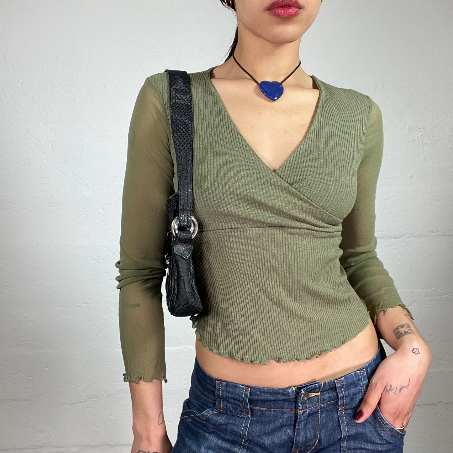 Vintage 2000’s Soft Girl Khaki Green V-Neck Wrapping Bra Cropped Top with See-Through Long Sleeves Decorative Trim and Back Ribbon (S)