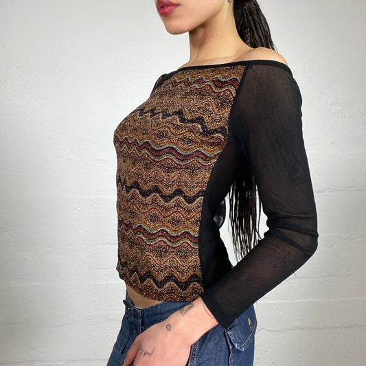 Vintage 2000’s Casual Night Out Shiny Printed Brown Front Off Shoulder Top with 3/4 See-Through Back and Long Sleeves (M)