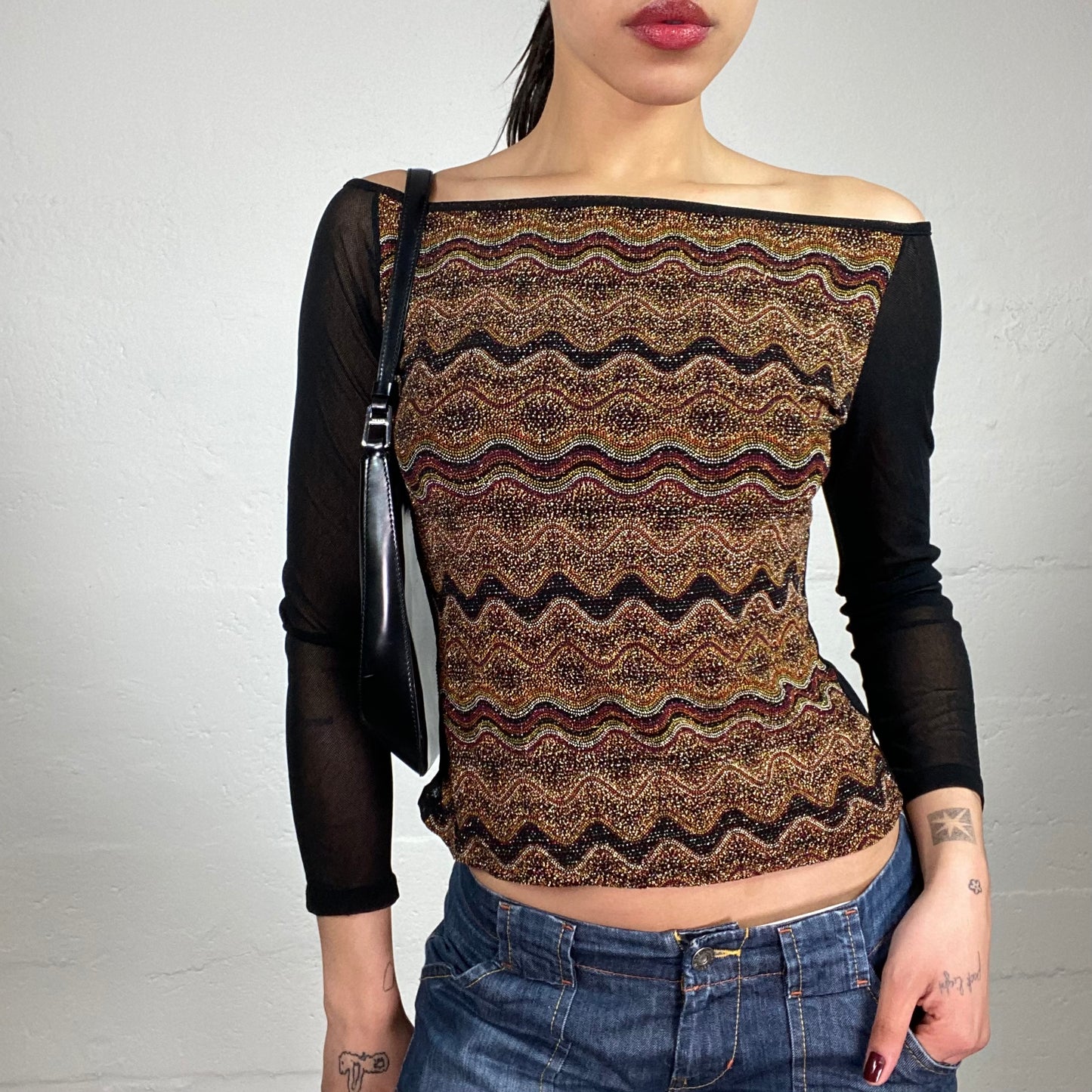 Vintage 2000’s Casual Night Out Shiny Printed Brown Front Off Shoulder Top with 3/4 See-Through Back and Long Sleeves (M)