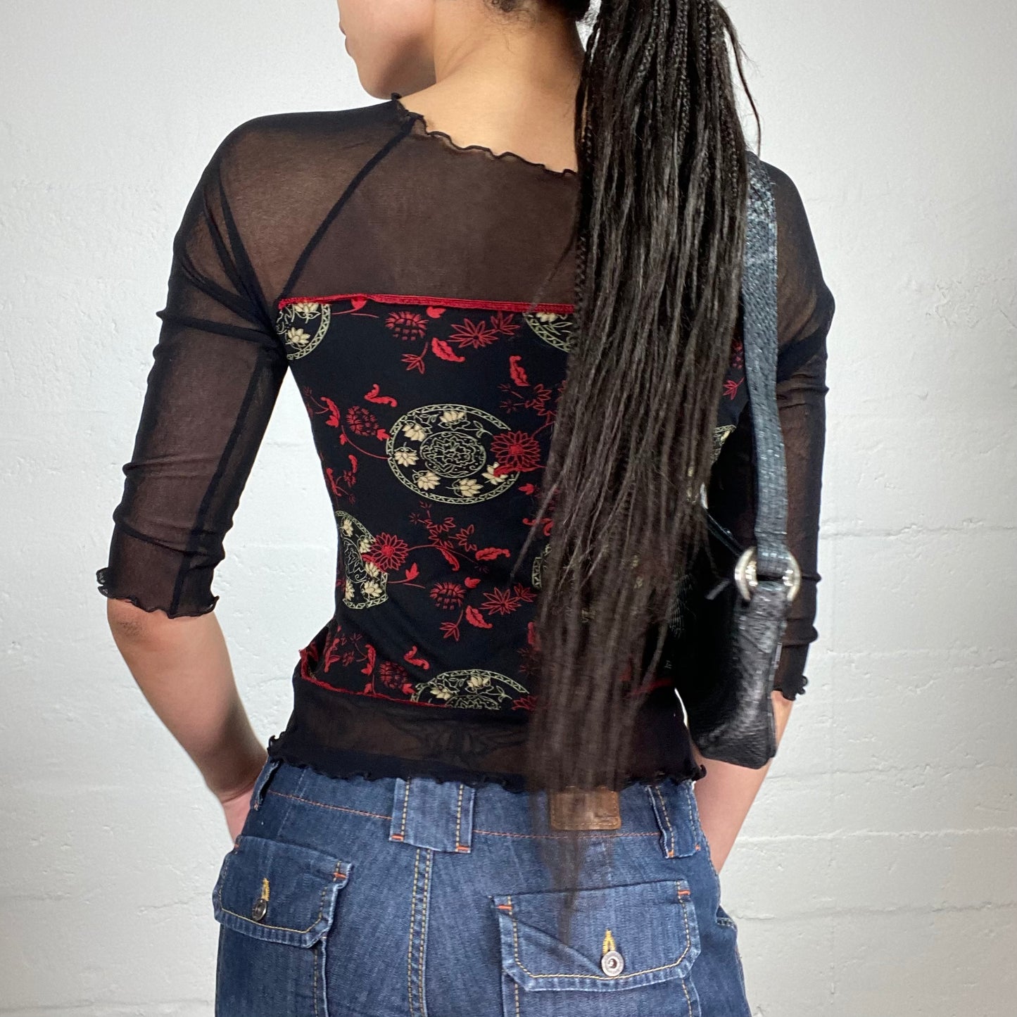 Vintage 2000’s Dark Boho Layered Black 2/4 See-Through Mesh Sleeve Top with Printed Jersey Middle Part and Contrast Red Overlock (M)