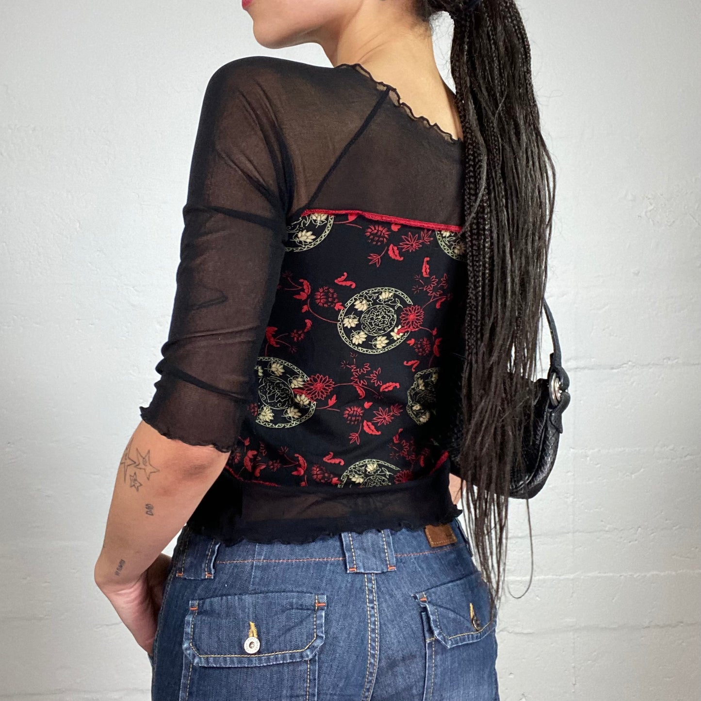 Vintage 2000’s Dark Boho Layered Black 2/4 See-Through Mesh Sleeve Top with Printed Jersey Middle Part and Contrast Red Overlock (M)