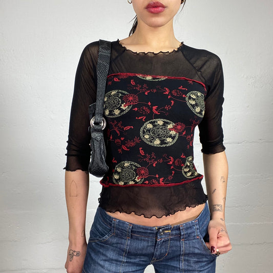 Vintage 2000’s Dark Boho Layered Black 2/4 See-Through Mesh Sleeve Top with Printed Jersey Middle Part and Contrast Red Overlock (M)