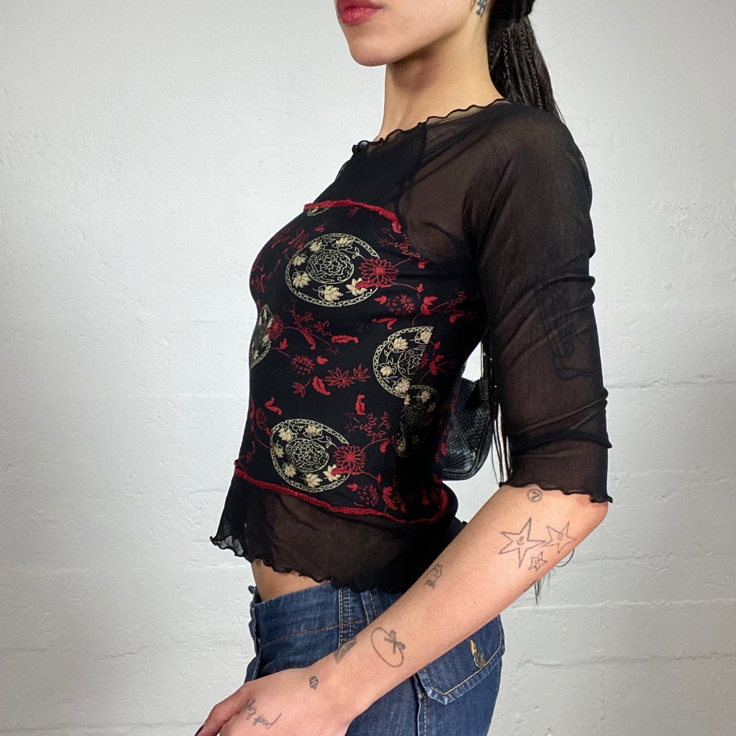 Vintage 2000’s Dark Boho Layered Black 2/4 See-Through Mesh Sleeve Top with Printed Jersey Middle Part and Contrast Red Overlock (M)