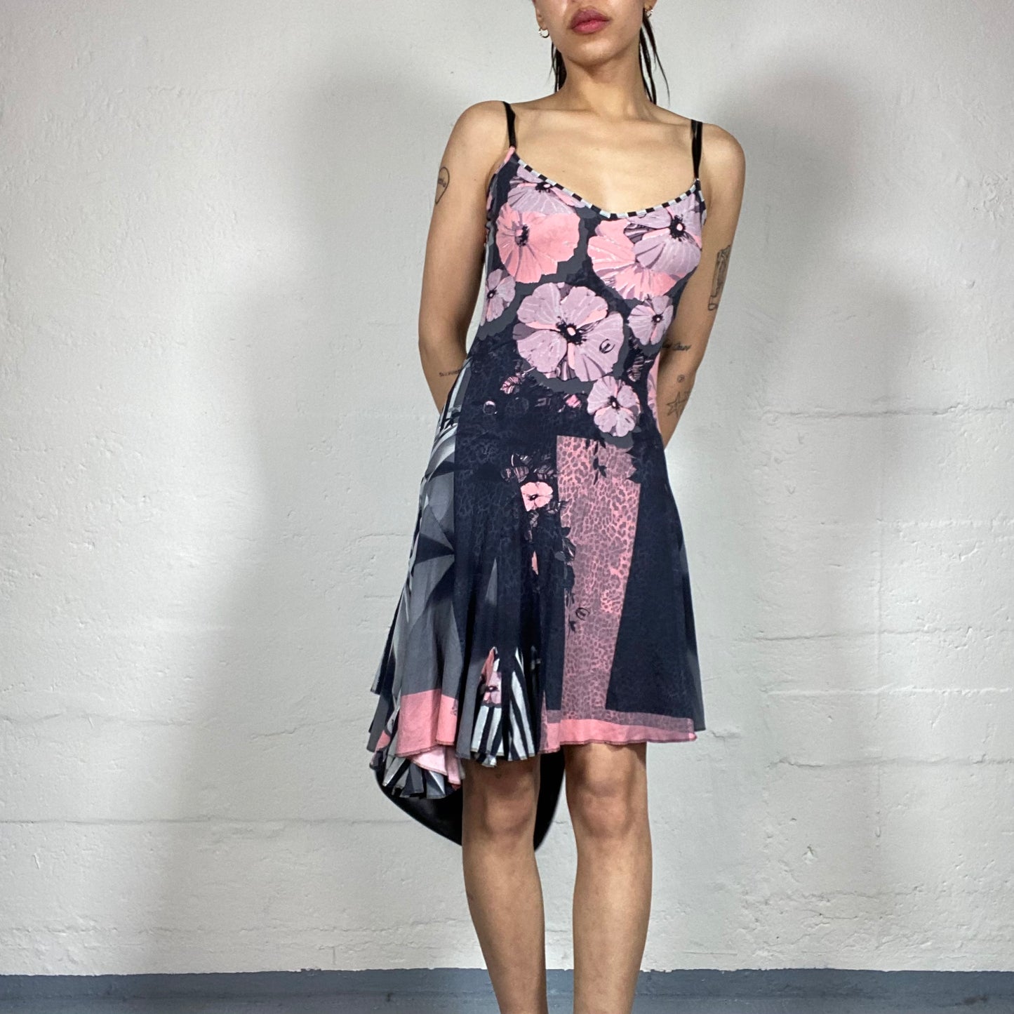 Vintage 2000’s Just Cavalli Romantic Navy Blue and Pink Layered Multiprinted Cami Dress (M)