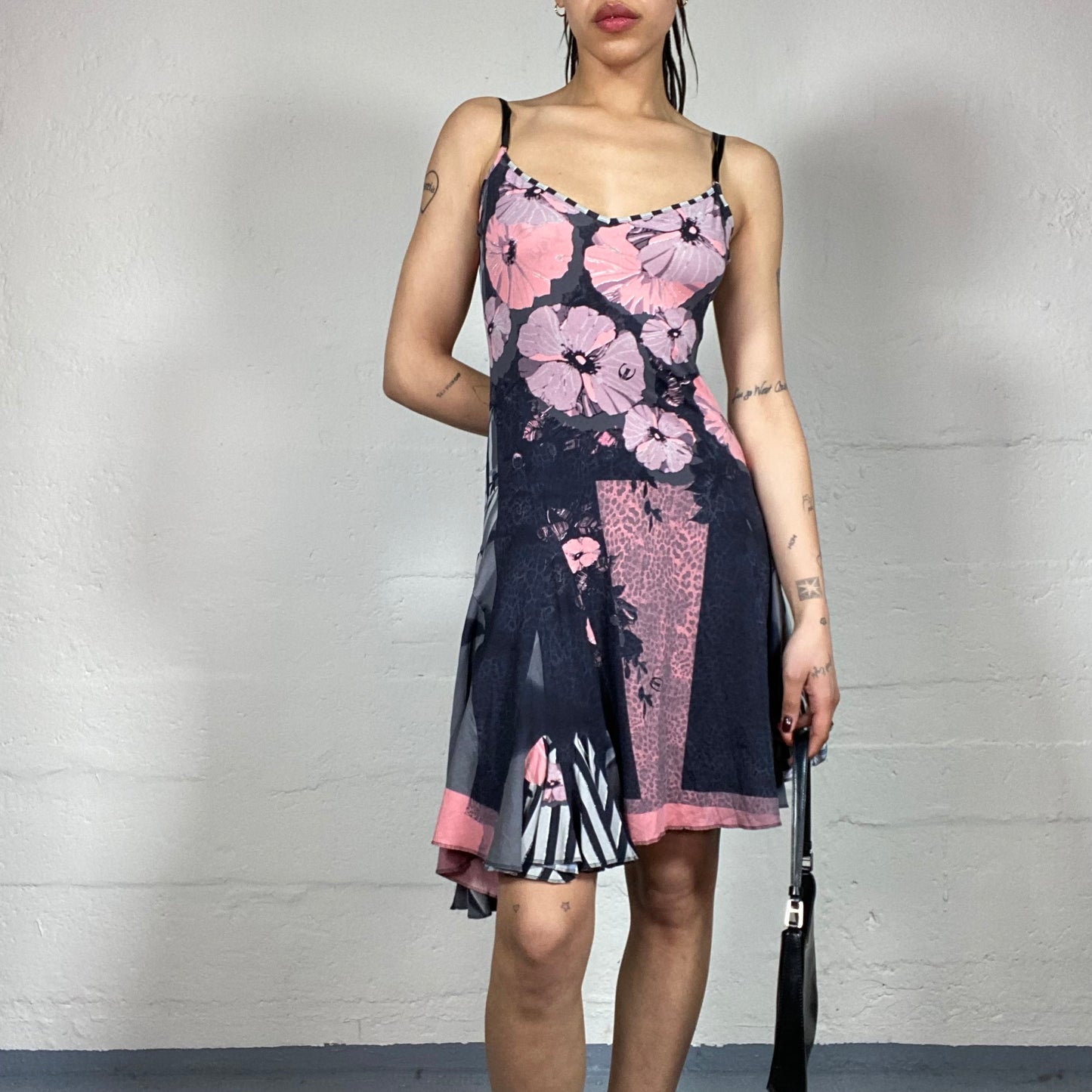 Vintage 2000’s Just Cavalli Romantic Navy Blue and Pink Layered Multiprinted Cami Dress (M)