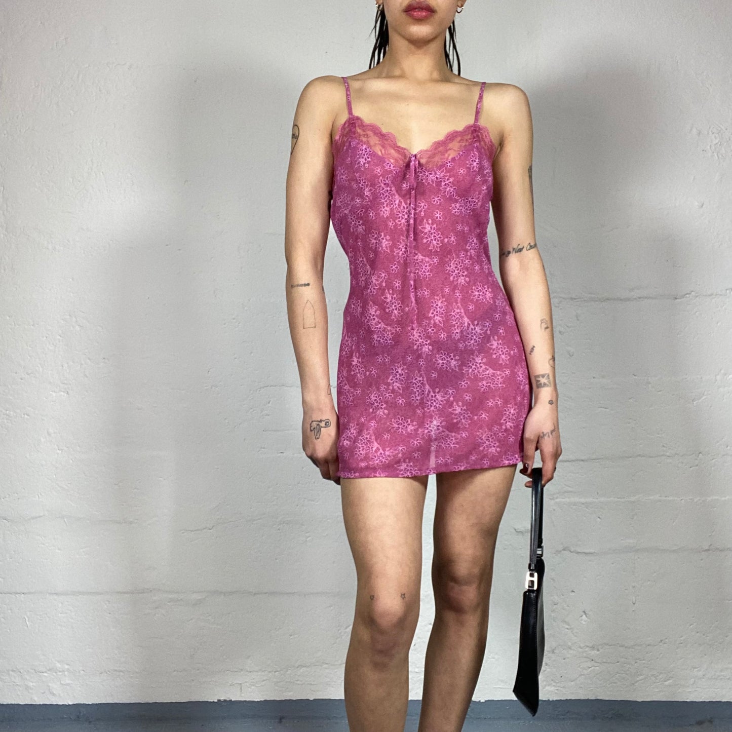 Vintage 2000’s Cute Summer Dark Pink Floral Printed See-Through Cami Mini Dress with Front Ribbon Detail and Back Binding (M)