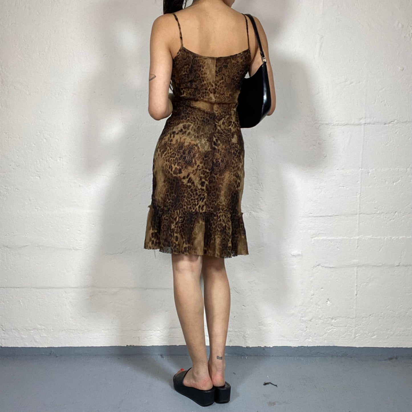 Vintage 2000’s Cheetah Girl Brown Animal Printed Shiffon Cami Dress with Bottom Ruffles (M)