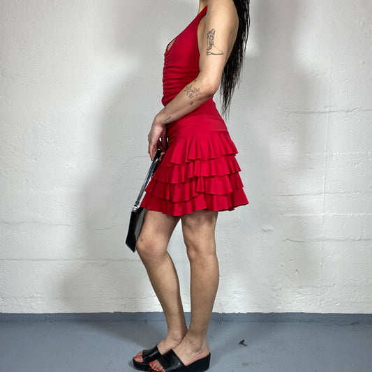 Vintage 2000’s Clubwear Summer Draped Red Neckholder Low-Waisted Dress with Bottom Layered Ruffles (S)