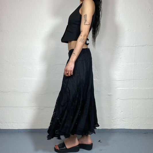 Vintage 90’s Dark Boho Black Linen Draped Maxi Skirt with Lace Details and Rubber Decorative Waist (M)