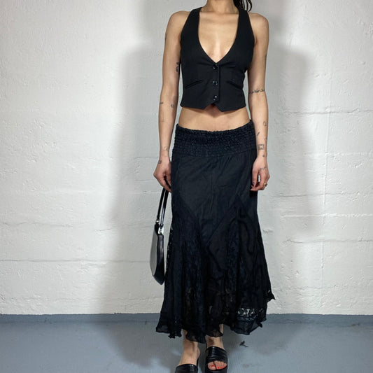 Vintage 90’s Dark Boho Black Linen Draped Maxi Skirt with Lace Details and Rubber Decorative Waist (M)