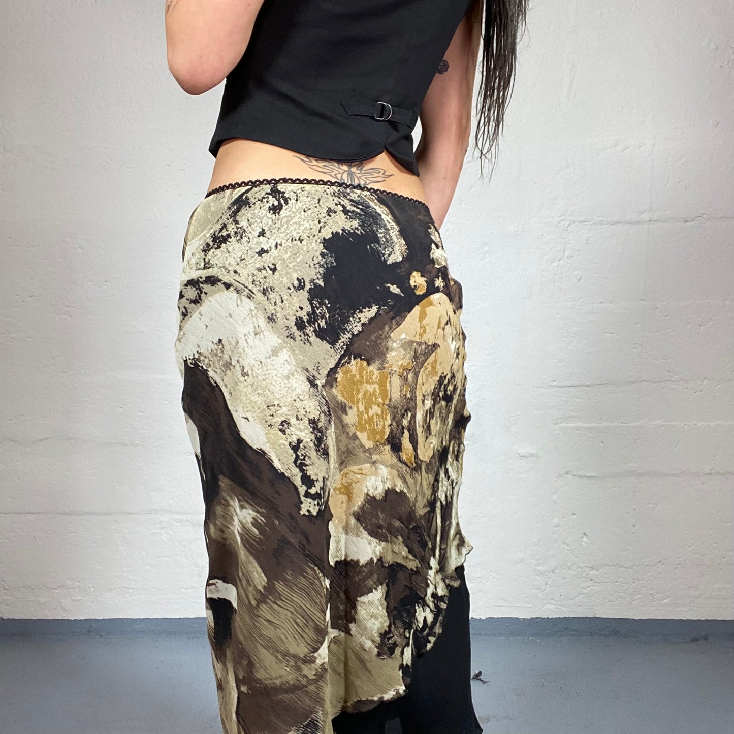 Vintage 2000’s Romantic Khaki Green and Black Abstract Printed Shiffon Low Rise Maxi Skirt (S)