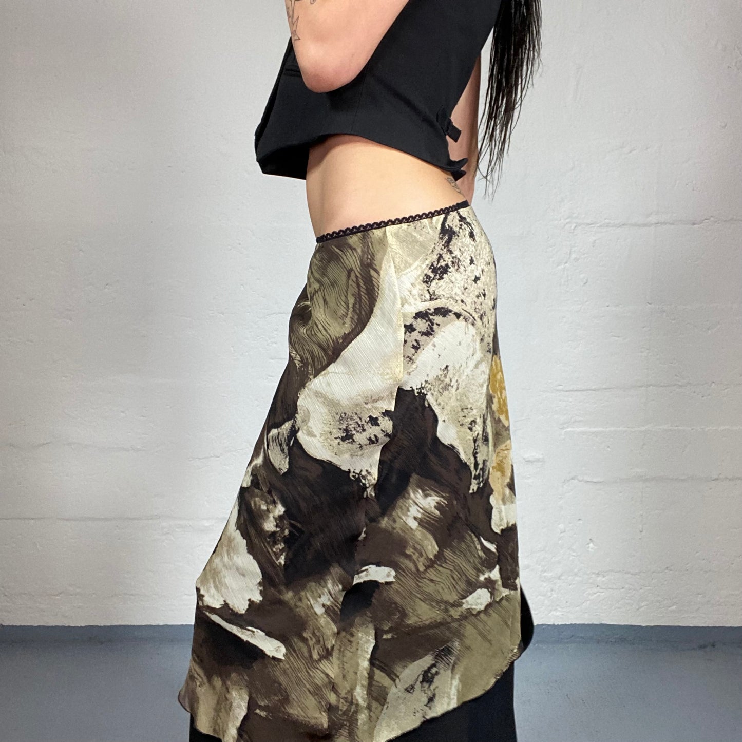 Vintage 2000’s Romantic Khaki Green and Black Abstract Printed Shiffon Low Rise Maxi Skirt (S)