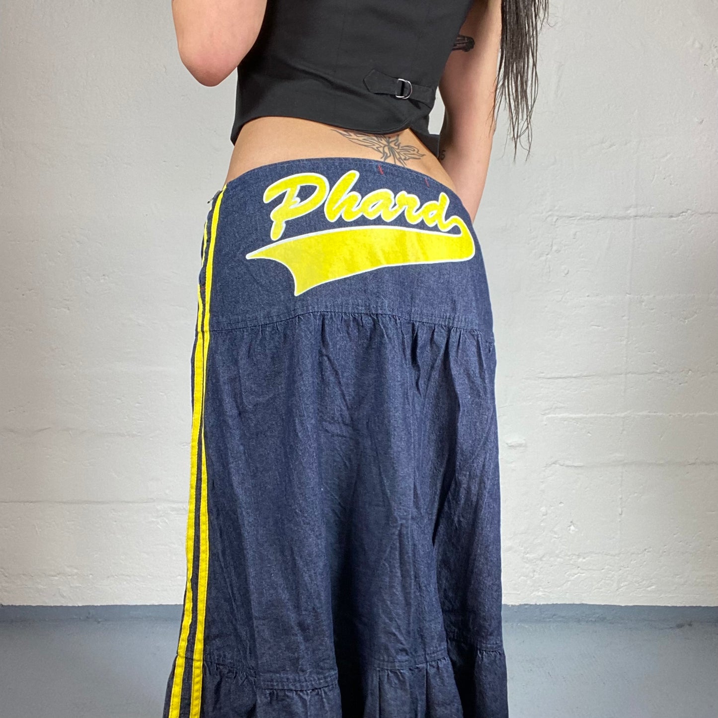 Vintage 2000’s Sporty Blue Denim Maxi Skirt with Yellow Back and Sides Embroidery (M)