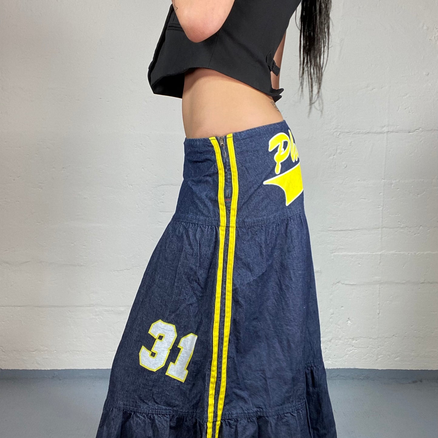 Vintage 2000’s Sporty Blue Denim Maxi Skirt with Yellow Back and Sides Embroidery (M)