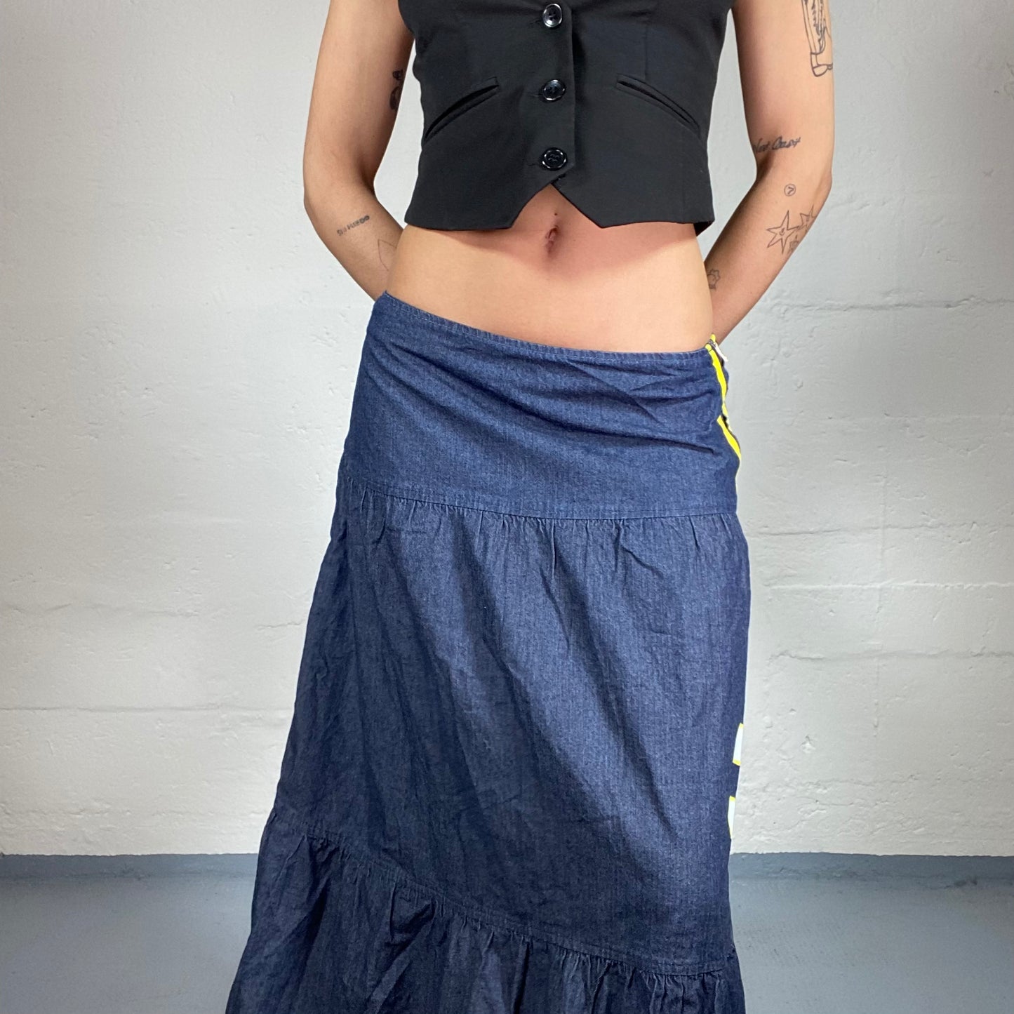 Vintage 2000’s Sporty Blue Denim Maxi Skirt with Yellow Back and Sides Embroidery (M)