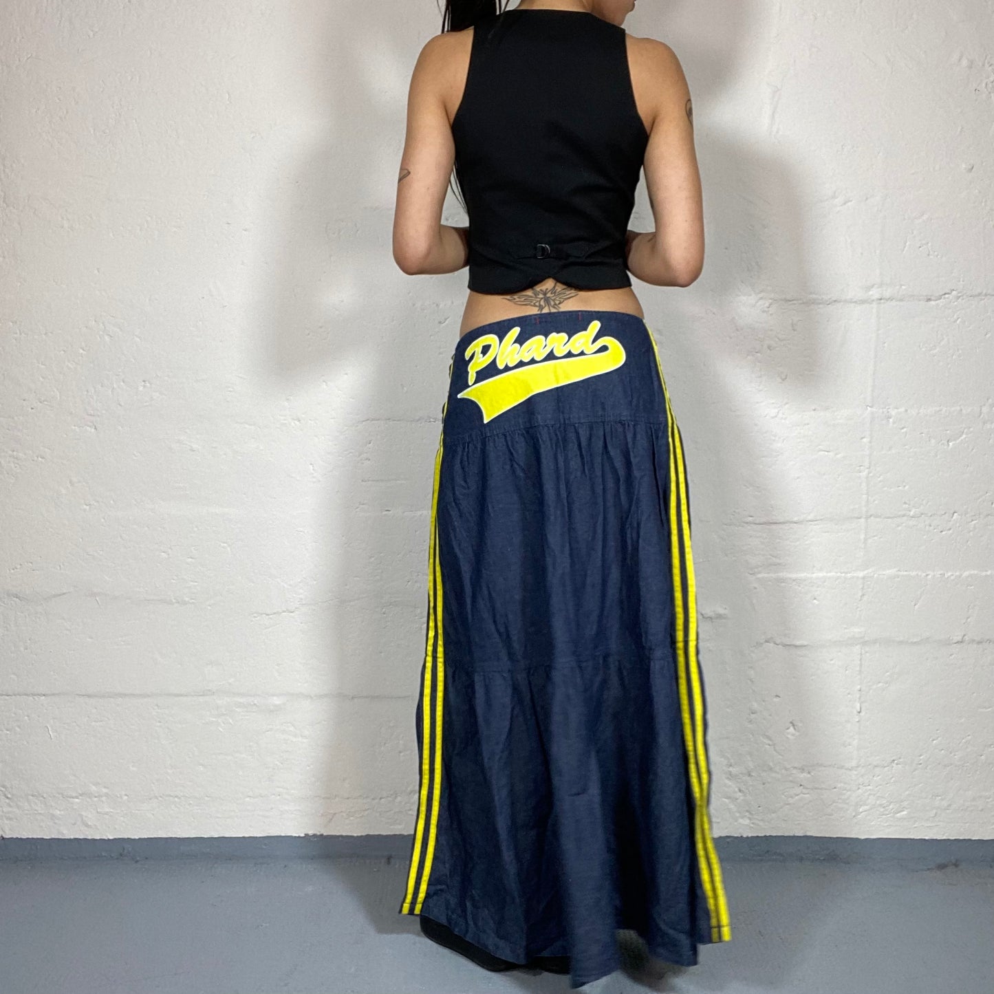 Vintage 2000’s Sporty Blue Denim Maxi Skirt with Yellow Back and Sides Embroidery (M)