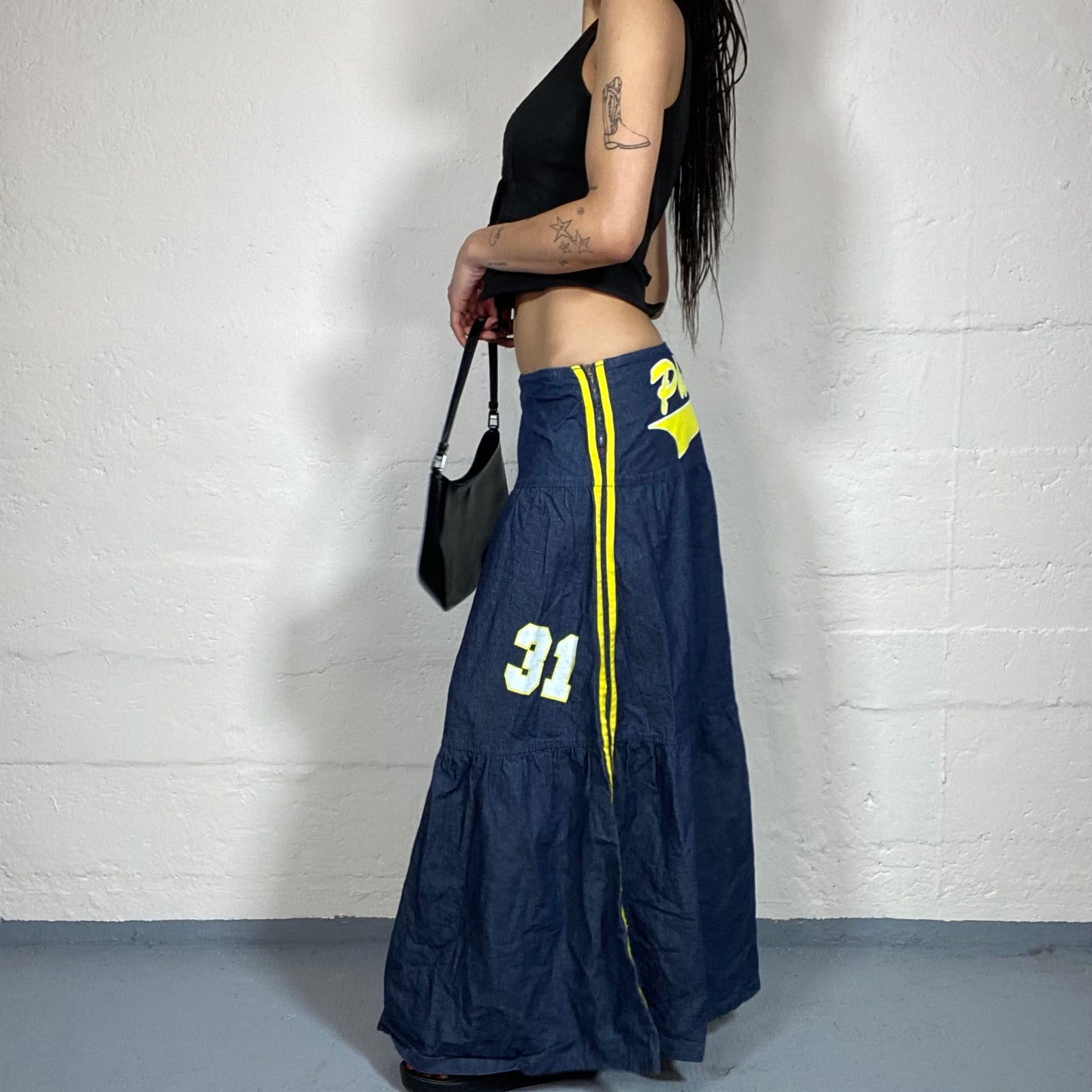 Vintage 2000’s Sporty Blue Denim Maxi Skirt with Yellow Back and Sides Embroidery (M)